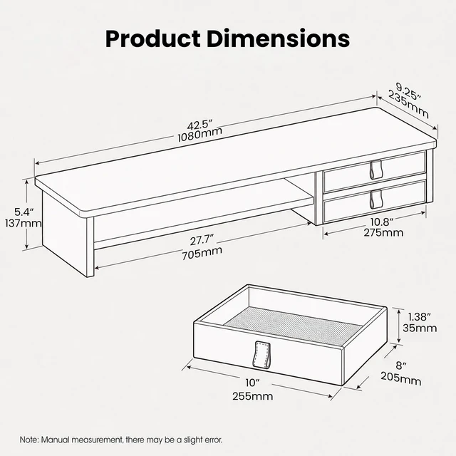 Alt view image 2 of 5 - ExaDesk Dual Monitor Stand, 42.5 Inch Wood Monitor Riser with Drawers, 2 Tier Desktop Organizer for Computer Laptop TV, Large Screen Stand for Home Office Desk