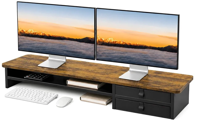 Main image of ExaDesk Dual Monitor Stand, 42.5 Inch Wood Monitor Riser with Drawers, 2 Tier Desktop Organizer for Computer Laptop TV, Large Screen Stand for Home Office Desk