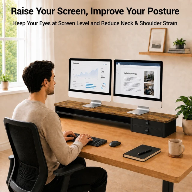 Alt view image 3 of 5 - ExaDesk Dual Monitor Stand, 42.5 Inch Wood Monitor Riser with Drawers, 2 Tier Desktop Organizer for Computer Laptop TV, Large Screen Stand for Home Office Desk