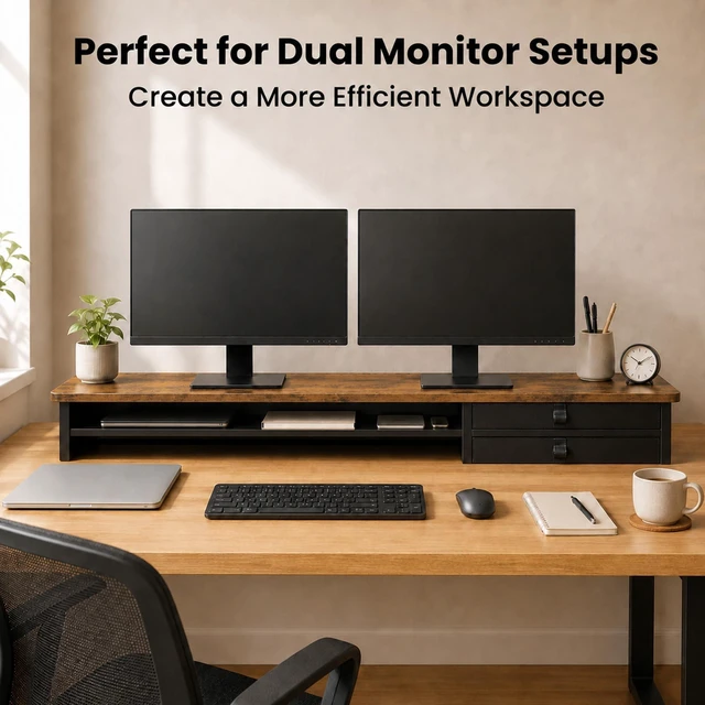 Alt view image 5 of 5 - ExaDesk Dual Monitor Stand, 42.5 Inch Wood Monitor Riser with Drawers, 2 Tier Desktop Organizer for Computer Laptop TV, Large Screen Stand for Home Office Desk