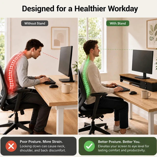Alt view image 4 of 5 - ExaDesk Dual Monitor Stand, 42.5 Inch Wood Monitor Riser with Drawers, 2 Tier Desktop Organizer for Computer Laptop TV, Large Screen Stand for Home Office Desk