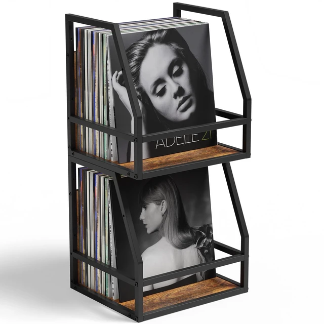 Main image of Y&M 2 In 1 Vinyl Record Storage Crate, 2 Pack Wood LP Holder, Wall Mount or Desktop Metal Album Organizer, Holds 80+ Records, Multifunctional Stackable Magazine Display Shelf, Brown