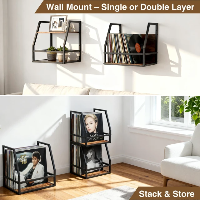 Alt view image 3 of 5 - Y&M 2 In 1 Vinyl Record Storage Crate, 2 Pack Wood LP Holder, Wall Mount or Desktop Metal Album Organizer, Holds 80+ Records, Multifunctional Stackable Magazine Display Shelf, Brown