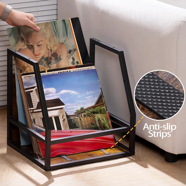 Alt view image 5 of 5 - Y&M 2 In 1 Vinyl Record Storage Crate, 2 Pack Wood LP Holder, Wall Mount or Desktop Metal Album Organizer, Holds 80+ Records, Multifunctional Stackable Magazine Display Shelf, Brown