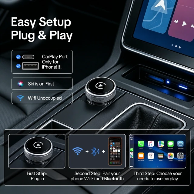 Alt view image 5 of 5 - Wireless CarPlay & Android Auto Adapter, 2026 Upgraded 2-in-1 Wireless CarPlay Adapter, Mini Plug & Play, Fast Auto-Connect & No Latency, Easy Setup, Wide Vehicle Compatibility USB & USB