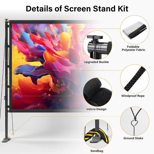 Alt view image 2 of 5 - Outdoor Projector Screen with Stand 120 Inch, Portable 4K HD Movie Screen