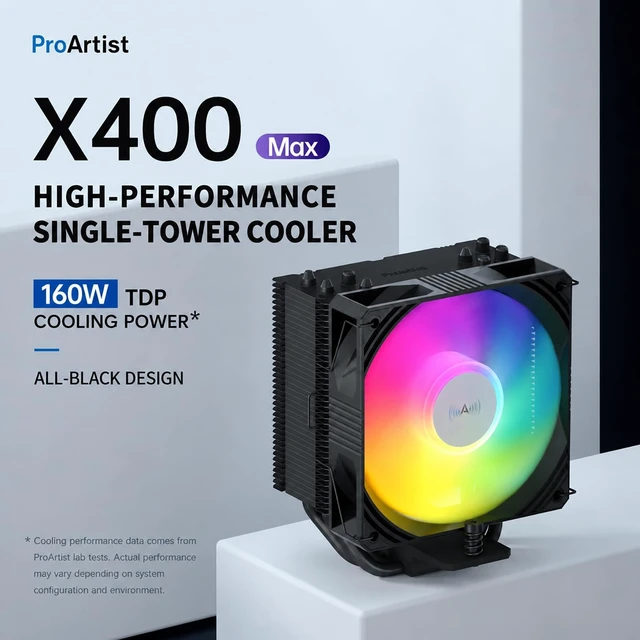 Alt view image 4 of 5 - ProArtist X400 Black CPU Air Cooler,110mm High Performance PWM Fan, 4 Copper Heat Pipes, PC Cooler with AGHP Technology, Low Noise & Easy Installation for AMD AM5 & Intel LGA 1851/1700 (X400 Max