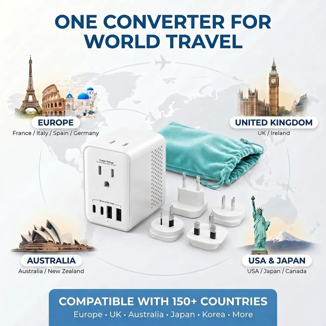 Alt view image 3 of 5 - 1200W Travel Voltage Converter 220V to 110V US to Europe, International Universal Travel Plug Adapter Kit with USB-C & USB-A for Hair Tools and US Devices (EU/UK/AU)