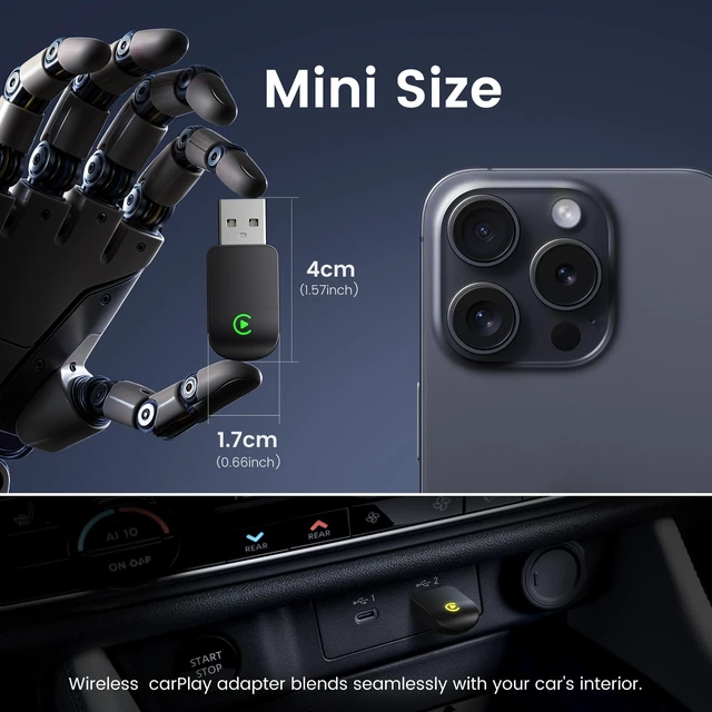 Alt view image 2 of 5 - Wireless CarPlay Adapter for iPhone - Convert Wired to Wireless, Mini USB Design, Plug & Play - Compatible with Cars with Apple CarPlay - Includes USB-C Cable - Fast Connection, No Laten