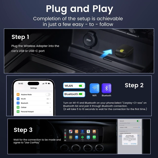 Alt view image 3 of 5 - Wireless CarPlay Adapter for iPhone - Convert Wired to Wireless, Mini USB Design, Plug & Play - Compatible with Cars with Apple CarPlay - Includes USB-C Cable - Fast Connection, No Laten