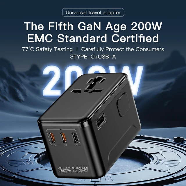 Alt view image 2 of 5 - RXSQUL 200W GaN Universal Travel Adapter, 100W USB-C Fast Charger