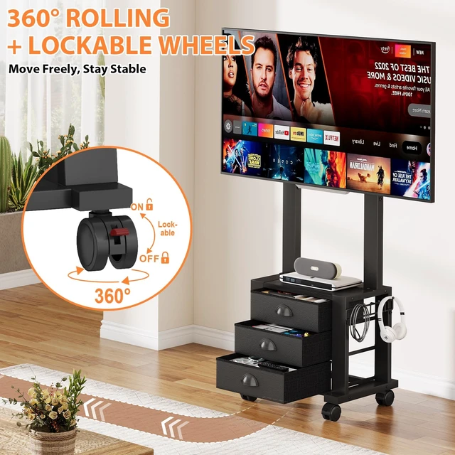 Alt view image 3 of 5 - Rolling TV Stand with 3 Drawers for 23-60 Inch TVs with Storage