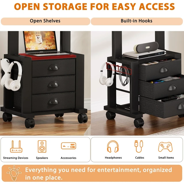 Alt view image 4 of 5 - Rolling TV Stand with 3 Drawers for 23-60 Inch TVs with Storage
