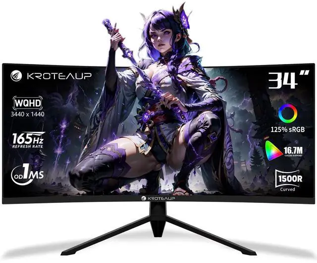 Main image of Kroteaup 34 Inch Curved Gaming Monitor 4K, (3440x1440 ) 165Hz Ultrawide Computer Monitor, AMD FreeSync, 1500R, HDR, 125% sRGB, DCI-P3 92%, HDMI/DP and Built-In Speaker