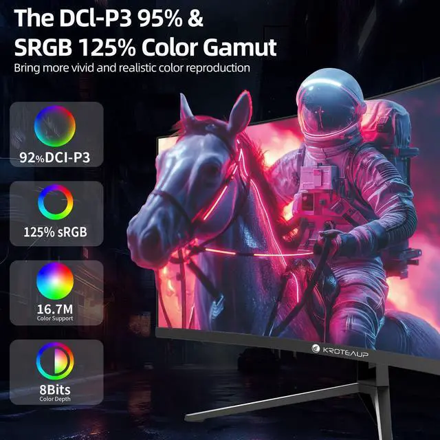 Alt view image 3 of 7 - Kroteaup 34 Inch Curved Gaming Monitor 4K, (3440x1440 ) 165Hz Ultrawide Computer Monitor, AMD FreeSync, 1500R, HDR, 125% sRGB, DCI-P3 92%, HDMI/DP and Built-In Speaker