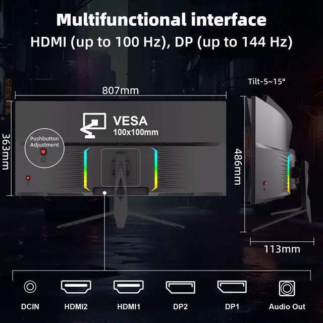 Alt view image 7 of 7 - Kroteaup 34 Inch Curved Gaming Monitor 4K, (3440x1440 ) 165Hz Ultrawide Computer Monitor, AMD FreeSync, 1500R, HDR, 125% sRGB, DCI-P3 92%, HDMI/DP and Built-In Speaker