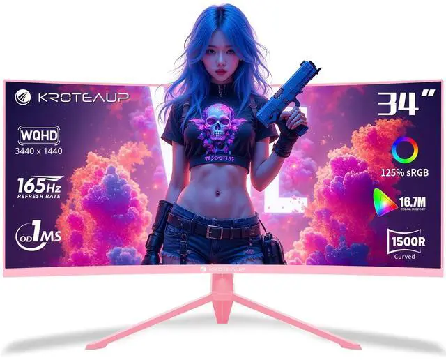 Main image of Kroteaup Pink 34 Inch Curved Gaming Monitor, 3440x1440 165Hz Ultrawide Computer Monitor, HDR400 1500R -Pip 1ms(Mprt) 125% sRGB, Dci-P3 92%, HDMI/DP, Port, Suitable For Games And Office Work