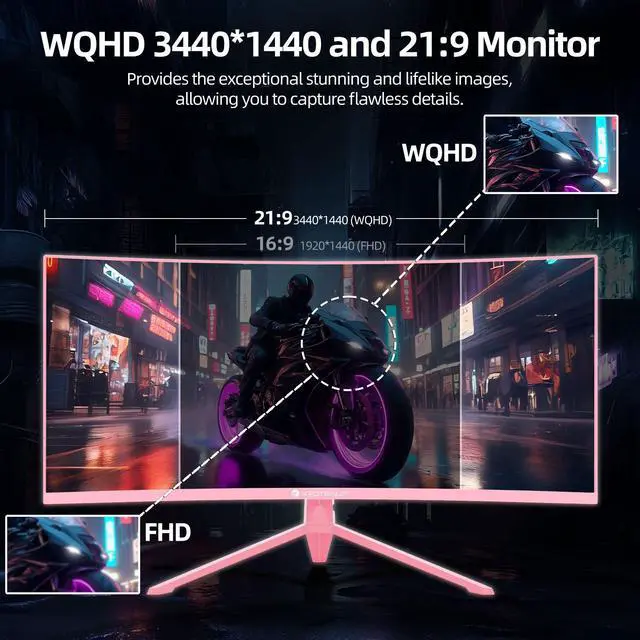 Alt view image 2 of 7 - Kroteaup Pink 34 Inch Curved Gaming Monitor, 3440x1440 165Hz Ultrawide Computer Monitor, HDR400 1500R -Pip 1ms(Mprt) 125% sRGB, Dci-P3 92%, HDMI/DP, Port, Suitable For Games And Office Work