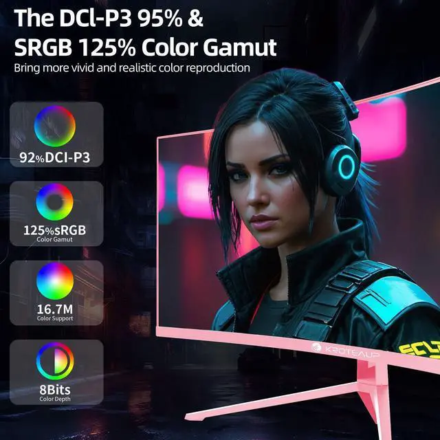Alt view image 4 of 7 - Kroteaup Pink 34 Inch Curved Gaming Monitor, 3440x1440 165Hz Ultrawide Computer Monitor, HDR400 1500R -Pip 1ms(Mprt) 125% sRGB, Dci-P3 92%, HDMI/DP, Port, Suitable For Games And Office Work