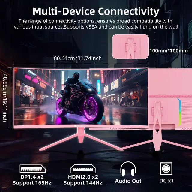 Alt view image 7 of 7 - Kroteaup Pink 34 Inch Curved Gaming Monitor, 3440x1440 165Hz Ultrawide Computer Monitor, HDR400 1500R -Pip 1ms(Mprt) 125% sRGB, Dci-P3 92%, HDMI/DP, Port, Suitable For Games And Office Work