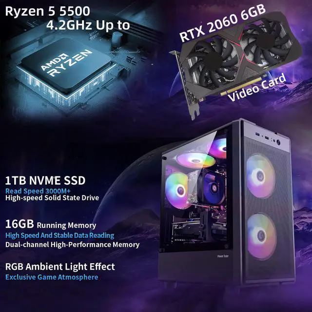 Alt view image 2 of 7 - Kroteaup Gaming PC Computer Desktop,AMD Ryzen 5 5500 up to 4.2GHz, Radeon RTX 2060 8G, 16G DDR4, TB SSD, WiFi 6, RGB Fan x4, Windows 11 Home