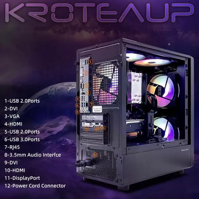 Alt view image 5 of 7 - Kroteaup Gaming PC Computer Desktop,AMD Ryzen 5 5500 up to 4.2GHz, Radeon RTX 2060 8G, 16G DDR4, TB SSD, WiFi 6, RGB Fan x4, Windows 11 Home