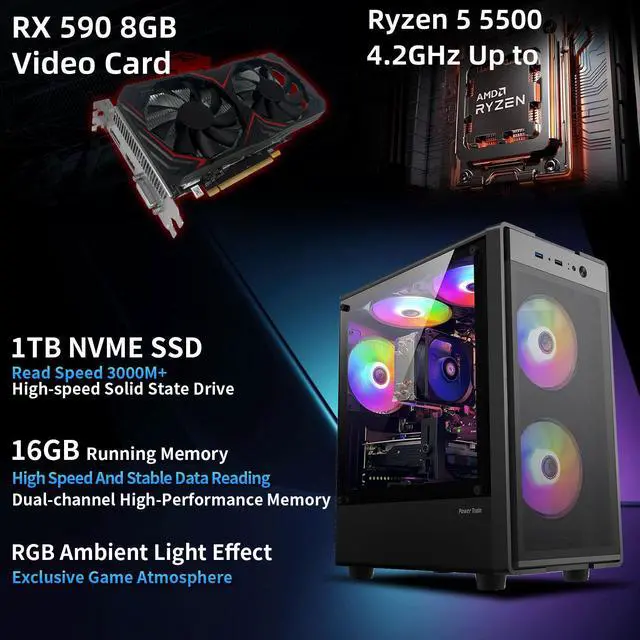 Alt view image 2 of 7 - Kroteaup Gaming PC Computer Desktop, AMD Ryzen 5 5500 up to 4.2GHz, Radeon RX 590 8G, 16G DDR4, 1TB SSD, WiFi 6, RGB Fan x5, Tower Computers Windows 11 Home