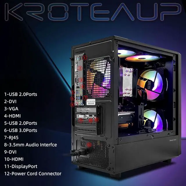 Alt view image 5 of 7 - Kroteaup Gaming PC Computer Desktop, AMD Ryzen 5 5500 up to 4.2GHz, Radeon RX 590 8G, 16G DDR4, 1TB SSD, WiFi 6, RGB Fan x5, Tower Computers Windows 11 Home