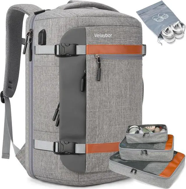 Main image of Velaybor 42L Travel Backpack with 4 Packing Cubes, TSA Friendly Flight Approved Carry-On Bag with USB Charging Port, Water-Resistant Weekender Business Backpack for Men Women, Fits 17.3" Laptop(Grey)