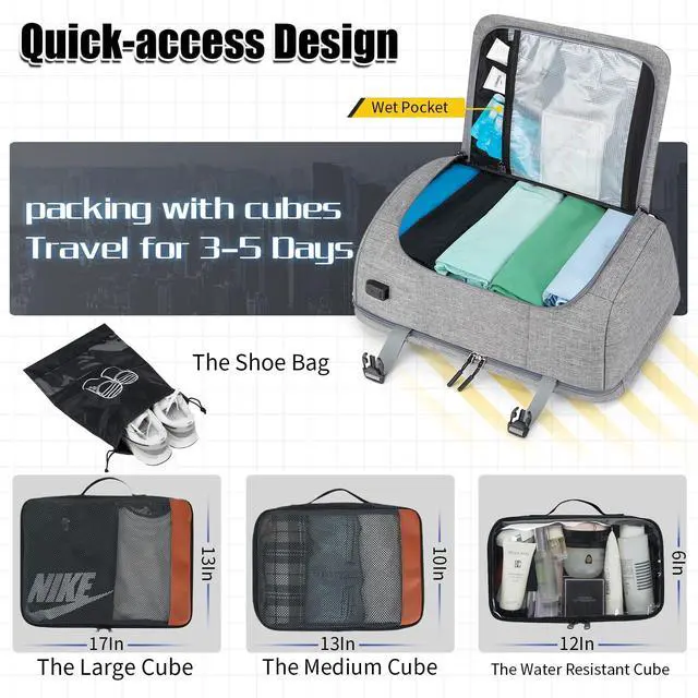 Alt view image 3 of 5 - Velaybor 42L Travel Backpack with 4 Packing Cubes, TSA Friendly Flight Approved Carry-On Bag with USB Charging Port, Water-Resistant Weekender Business Backpack for Men Women, Fits 17.3" Laptop(Grey)