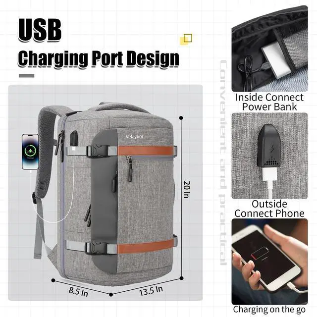 Alt view image 5 of 5 - Velaybor 42L Travel Backpack with 4 Packing Cubes, TSA Friendly Flight Approved Carry-On Bag with USB Charging Port, Water-Resistant Weekender Business Backpack for Men Women, Fits 17.3" Laptop(Grey)