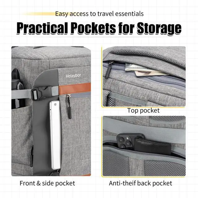 Alt view image 4 of 5 - Velaybor 42L Travel Backpack with 4 Packing Cubes, TSA Friendly Flight Approved Carry-On Bag with USB Charging Port, Water-Resistant Weekender Business Backpack for Men Women, Fits 17.3" Laptop(Grey)