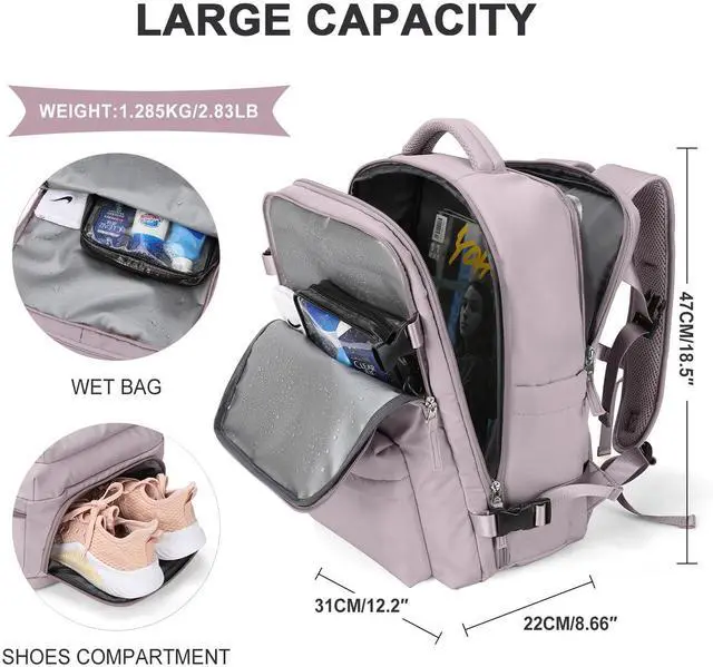 Alt view image 2 of 5 - Large Travel Backpack Women, Carry On Backpack, Hiking Backpack Waterproof Outdoor Sports Rucksack Casual Daypack with USB Charging Port Shoes Compartment, Lotus Pink