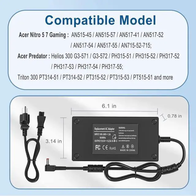 Alt view image 2 of 5 - BURFLO 180W 135W Charger for 5 7 AN515-54 AN515-55 AN515-58 AN517-52 AN515-58-57QW AN515-58-5046 AN515-58-525P ANV15-51;300 G3-571 ANV15-51-51H9 19.5V 9.23A Gaming Laptop Charger