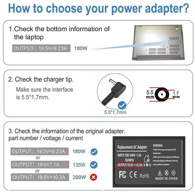 Alt view image 4 of 5 - BURFLO 180W 135W Charger for 5 7 AN515-54 AN515-55 AN515-58 AN517-52 AN515-58-57QW AN515-58-5046 AN515-58-525P ANV15-51;300 G3-571 ANV15-51-51H9 19.5V 9.23A Gaming Laptop Charger