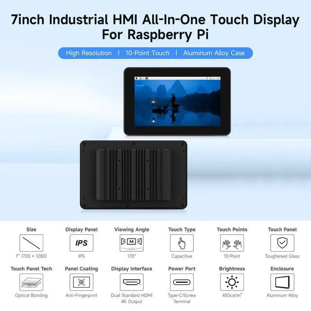 Alt view image 3 of 5 - waveshare 7inch 720 × 1280 Industrial HMI Pi4 All-in-one Touch Display, Built-in Raspberry Pi 5-4GB, Dual 4K HDMI Output, 10-Point Touch, Optical Bonding, Aluminum Alloy Case for Heat Dissipation