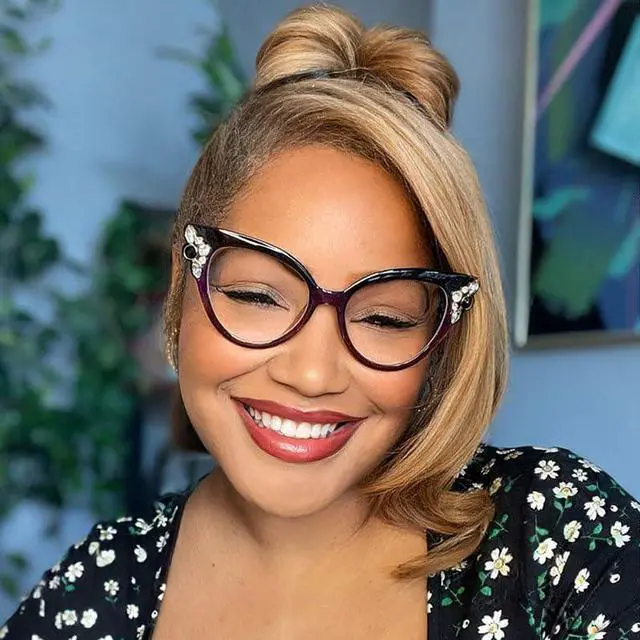 Alt view image 2 of 5 - VOOGLAM Rhinestone Square Women's Non Prescription Glasses with HD Clear Lenses in Purple Mixed Frame