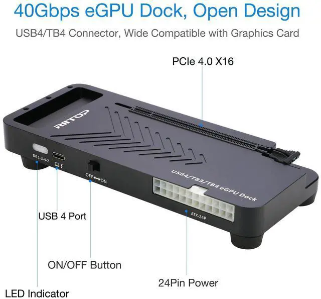 Alt view image 2 of 5 - RIITOP 40Gpbs eGPU Enclosure USB4.0 Compatible with Thunderbolt 4 External GPU Dock for PCIe 4.0 X16 Graphics Card