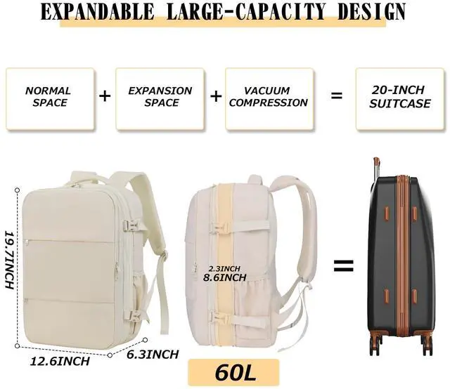 Alt view image 4 of 5 - OPOALO Vacuum Compression Backpack for Travel, Expandable Travel Backpack Business Bag with Compression, Fits 17-inch Laptop, Waterproof, for Men and Women  White