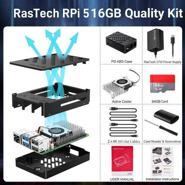 Alt view image 2 of 5 - RasTech Raspberry Pi 5 16GB Kit 64GB Edition with Active Cooler,GaN 27W 5.1V5A USB-C Power Supply,Pi5 16GB Board,64GB Card Readers Kit, Case for Pi 5,Dual 4K Micro HD Out Cables and User Manual