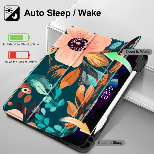 Alt view image 3 of 5 - May Chen Case for iPad Pro 11 inch (4th, 3rd, 2nd & 1st Gen) 2022 2021 2020 2018, Trifold Stand + Pencil Holder + Auto Wake/Sleep + Soft TPU Protective Stand Back Cover, Abstract Florals