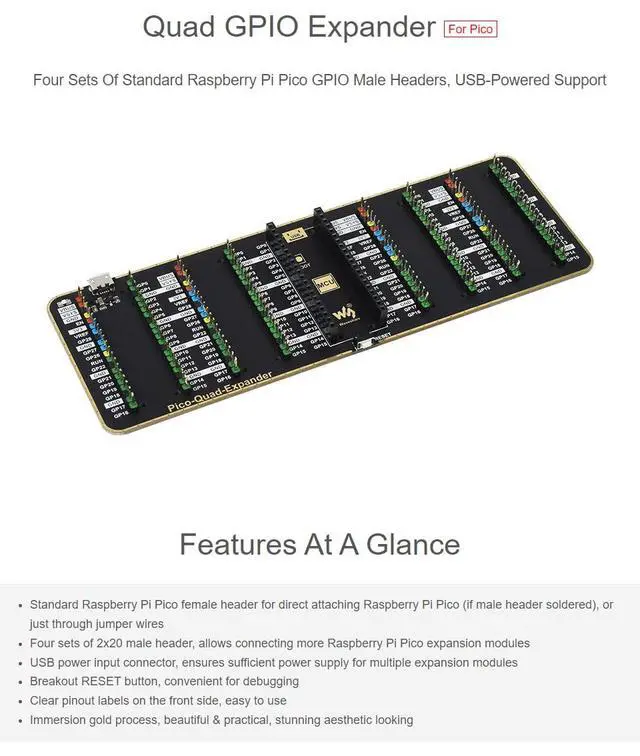 Alt view image 3 of 5 - Waveshare Quad GPIO Expander for Raspberry Pi Pico Four Sets of Male Headers for Connecting More Expansion Modules with USB Power Input Connector