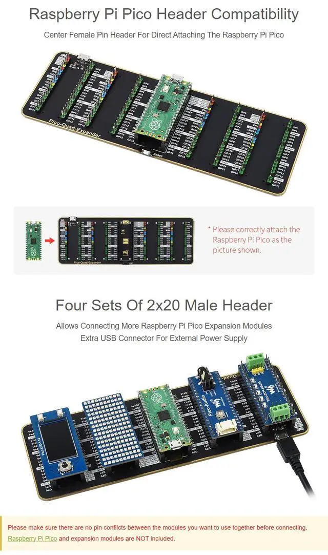 Alt view image 4 of 5 - Waveshare Quad GPIO Expander for Raspberry Pi Pico Four Sets of Male Headers for Connecting More Expansion Modules with USB Power Input Connector