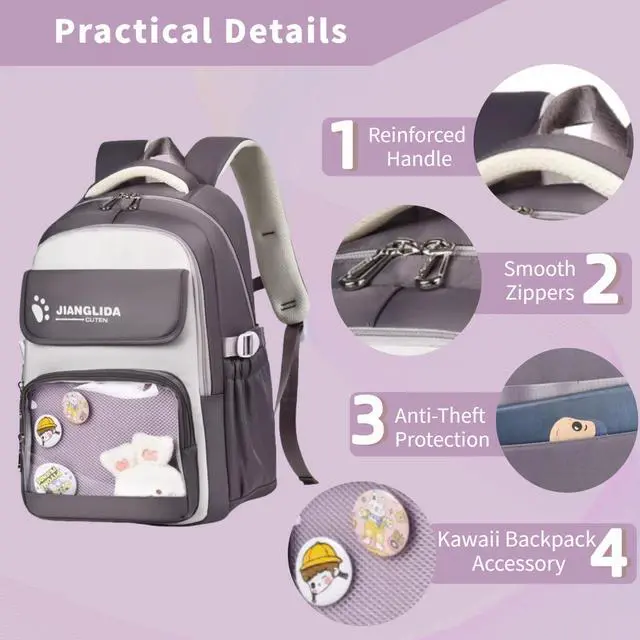 Alt view image 2 of 5 - Leaper Cute Backpack for School : 18.5 inch Multi-pocket for Travel Daily - Nylon Water Resistant Anti Theft for Elementary Highschool Student - Gifts for Girls and WomenPurple