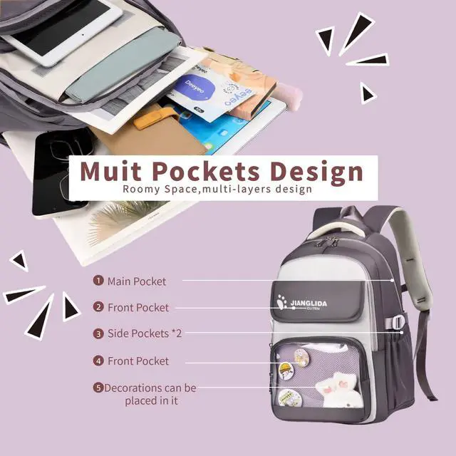 Alt view image 3 of 5 - Leaper Cute Backpack for School : 18.5 inch Multi-pocket for Travel Daily - Nylon Water Resistant Anti Theft for Elementary Highschool Student - Gifts for Girls and WomenPurple