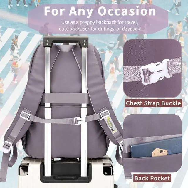 Alt view image 4 of 5 - Leaper Cute Backpack for School : 18.5 inch Multi-pocket for Travel Daily - Nylon Water Resistant Anti Theft for Elementary Highschool Student - Gifts for Girls and WomenPurple