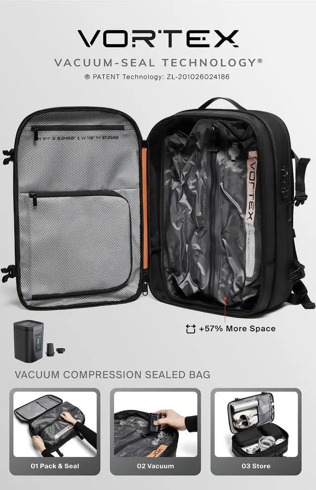 Alt view image 3 of 5 - BlackVoyage Vortex Vacuum Seal Travel Backpack 60L Expandable Air Compression System Water Resistant TSA Lock Carry-On Suitcase Luggage White AERO - Vacuum Pump Included