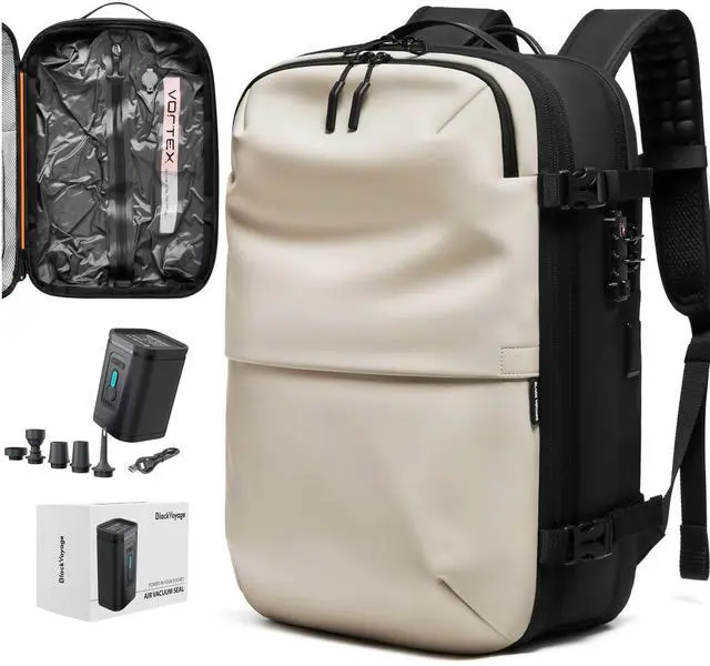 Main image of BlackVoyage Vortex Vacuum Seal Travel Backpack 60L Expandable Air Compression System Water Resistant TSA Lock Carry-On Suitcase Luggage White AERO - Vacuum Pump Included