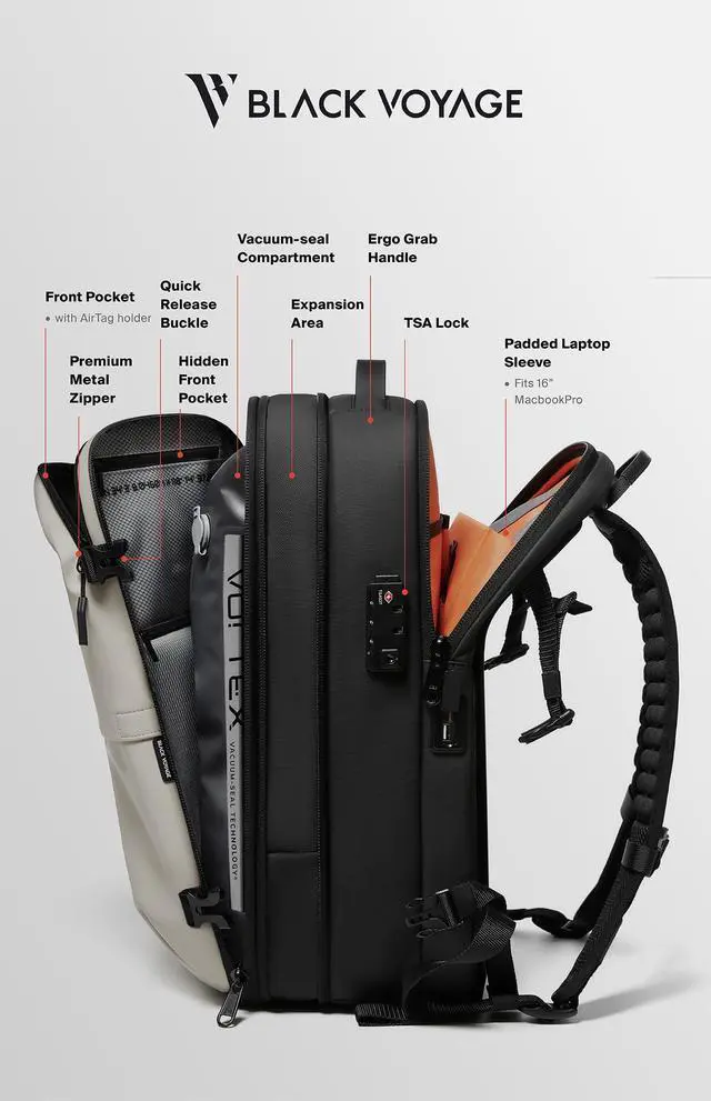 Alt view image 5 of 5 - BlackVoyage Vortex Vacuum Seal Travel Backpack 60L Expandable Air Compression System Water Resistant TSA Lock Carry-On Suitcase Luggage White AERO - Vacuum Pump Included