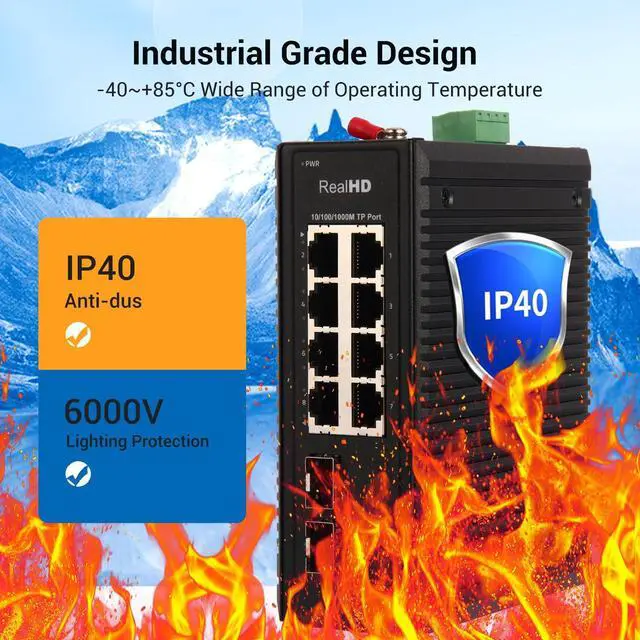 Alt view image 5 of 5 - Industrial Ethernet Switch, 10-Port Gigabit Din Rail Switch, 1000Mbps, 8 Ethernet Ports + 2 SFP Port, Din Rail & Wall Mountable (-40 to 185 F), 20Gbps Switching Capacity, with UL Power Supply